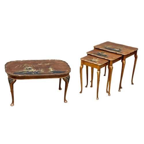 962 - A vintage coffee table and matching nest of tables with Chinoiserie decoration.