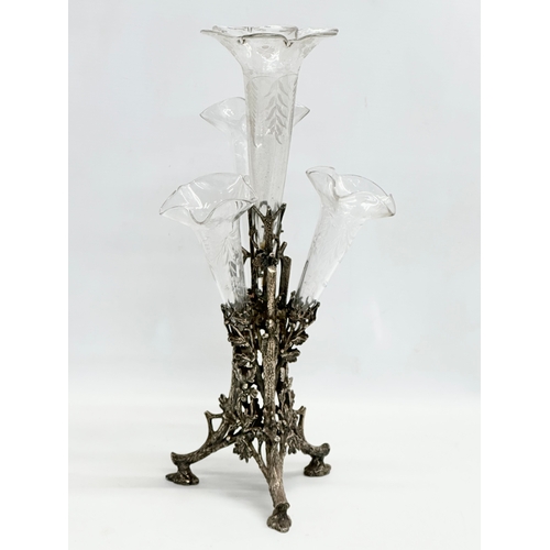 44 - A Victorian ornately plated epergne with etched glass branches. James Deakin & Sons. EPNS. 38cm.