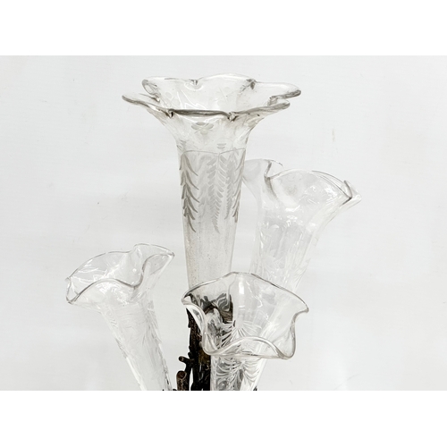 44 - A Victorian ornately plated epergne with etched glass branches. James Deakin & Sons. EPNS. 38cm.