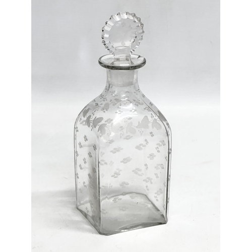 61 - An early 20th century etched Irish Clover glass decanter. 22cm