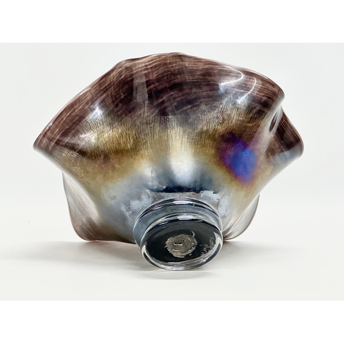 65 - A Kenneth Marine Iridescent Art Glass frilled rim bowl. Signed. 25x13cm