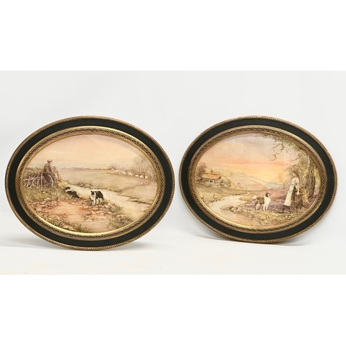 384 - A pair of vintage gilt and lacquered oval framed farm scene prints. 50x40cm