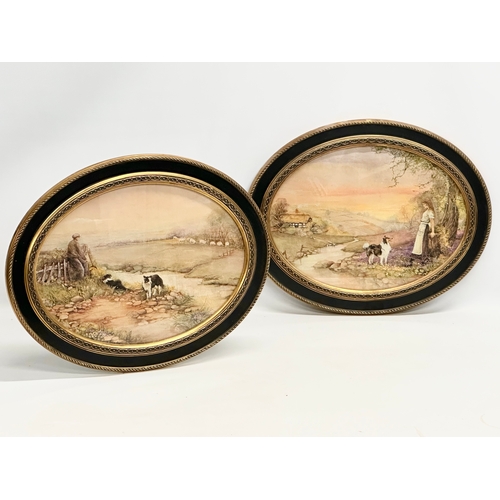 384 - A pair of vintage gilt and lacquered oval framed farm scene prints. 50x40cm