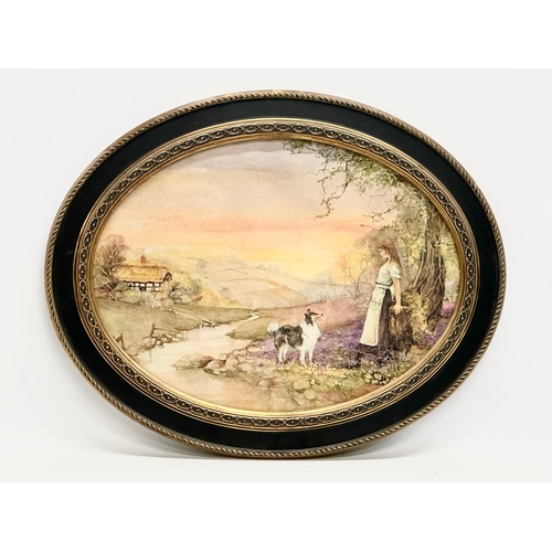 384 - A pair of vintage gilt and lacquered oval framed farm scene prints. 50x40cm