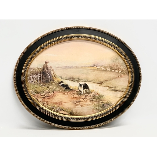 384 - A pair of vintage gilt and lacquered oval framed farm scene prints. 50x40cm