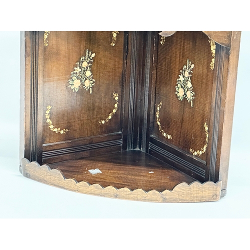 383 - A late Victorian mahogany corner wall bracket with painted and printed panels. Circa 1890. 49x25x48c... 