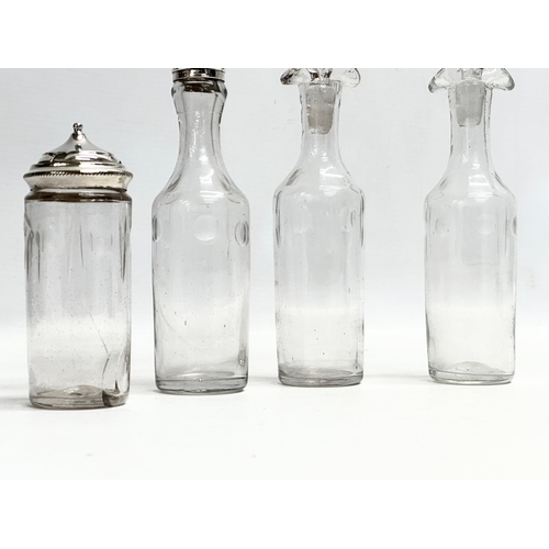 147 - A Victorian pierced silver plated cruet set with 4 pressed glass bottles. Circa 1860-1880. 16x13x24c... 