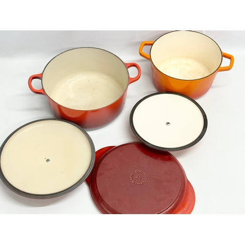 196 - 3 Le Creuset cast iron casserole dishes, pots and pan. 32x25x17cm. 28x21x17cm. 31x25.5cm