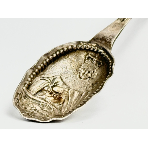 442 - A silver wine tasting spoon. Depicting Edward V. London. Faded makers mark, M??. 35.68 grams. 12cm