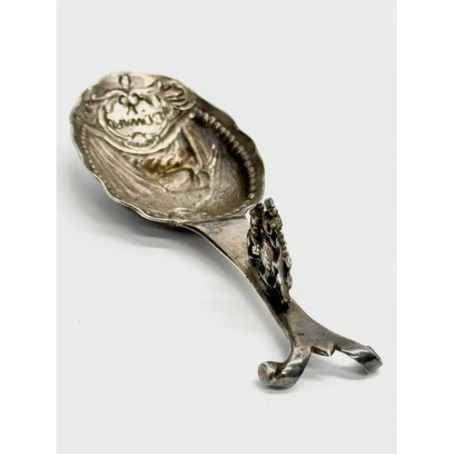 442 - A silver wine tasting spoon. Depicting Edward V. London. Faded makers mark, M??. 35.68 grams. 12cm