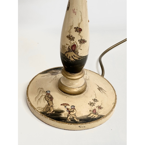 361 - A vintage Japanese style hand painted table lamp with embossed figures, flowers and mountains. 59cm