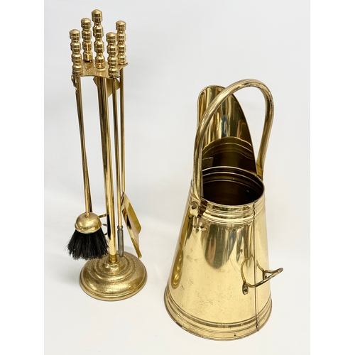 355 - A Bates Brass of Birmingham coal scuttle and a Parkbrass companion set. Companion set 65cm. Scuttle ... 