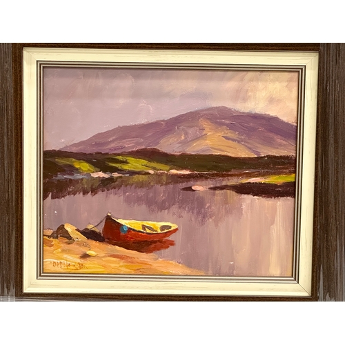 179 - An oil painting on canvas by Donal McNaughton. Fishing boat docked. 30x24cm. Frame 54x48cm