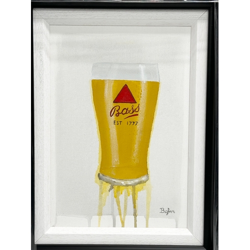 180 - An oil painting on canvas by John Bolan. Pint of Bass. 20x29cm. Frame 42x50cm