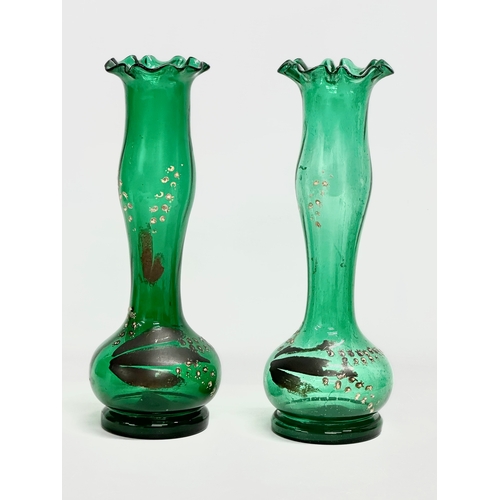 141 - A pair of tall mid 19th century Bristol Green vases with frilled rims. Circa 1860. 31.5cm