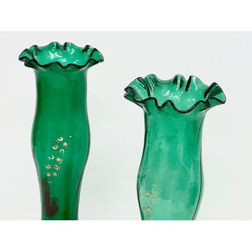 141 - A pair of tall mid 19th century Bristol Green vases with frilled rims. Circa 1860. 31.5cm
