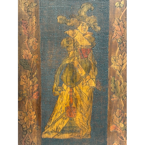 310 - An early 20th century Pokerwork wall plaque. 40x70.5cm