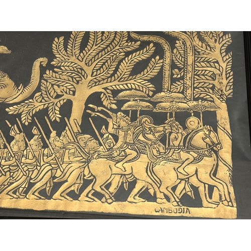 163 - A large vintage Cambodian Angkor Wat Temple Rubbing in later frame. 125x52.5cm