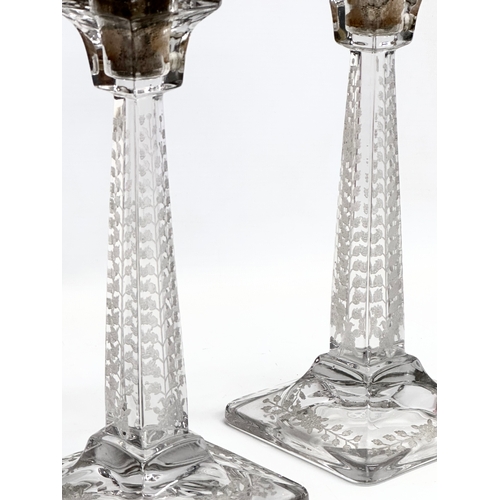 133 - A pair of good quality late 19th/early 20th century etched glass converted lamps/candlesticks. 11x11... 
