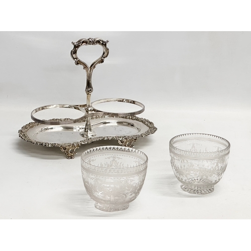 164 - A Victorian silver plated sugar and cream stand/tea caddy, with etched glass bowls. Bowls measure 10... 