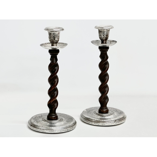 323 - A pair of large early 20th century silver plate and Barley Twist oak candlesticks. Circa 1900-1920. ... 