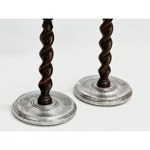 323 - A pair of large early 20th century silver plate and Barley Twist oak candlesticks. Circa 1900-1920. ... 