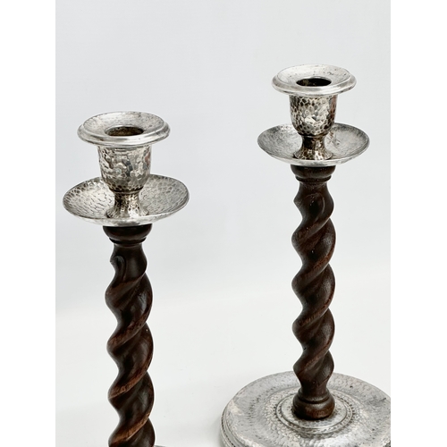 323 - A pair of large early 20th century silver plate and Barley Twist oak candlesticks. Circa 1900-1920. ... 