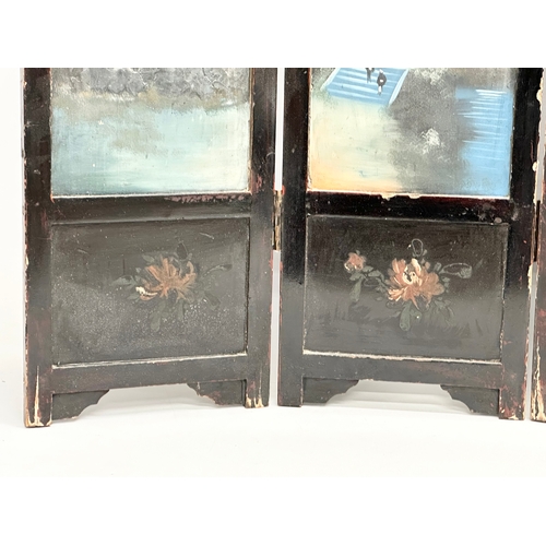 59 - A late 19th century Japanese hand painted 4 tier screen. With embossed trees, pagodas and figures. 9... 