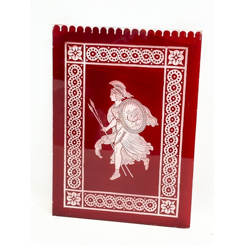 60 - 3 late 19th/early 20th century etched Ruby Glass panels with Classical Grecian Warrior design. 20x28... 