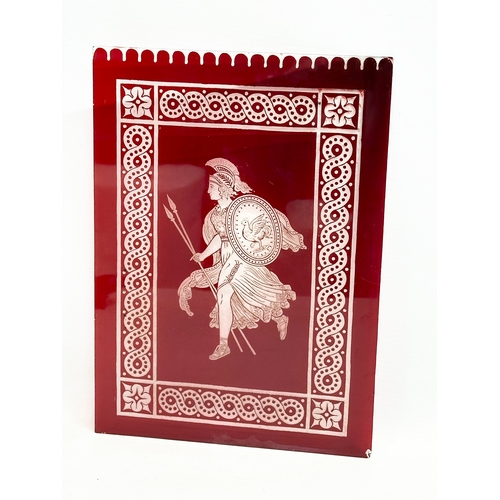 60 - 3 late 19th/early 20th century etched Ruby Glass panels with Classical Grecian Warrior design. 20x28... 
