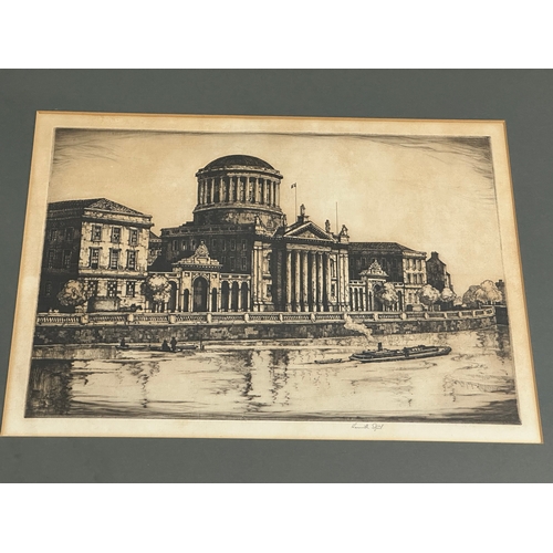 293 - A signed etching by Kenneth Steel (1906-1970) Dublin Four Courts. 34.5x26cm. Frame 51.5x45cm