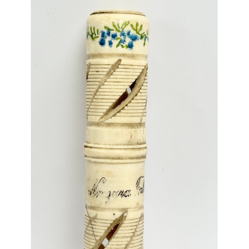 491 - A 19th/early 20th century hand painted bone pencil holder/needle holder. 15.5cm