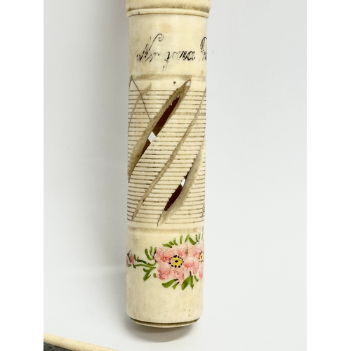 491 - A 19th/early 20th century hand painted bone pencil holder/needle holder. 15.5cm