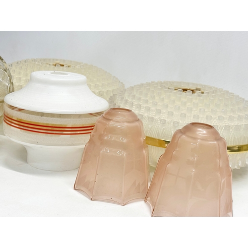 200E - 6 Mid Century light shades. Largest pair 35x18cm. Pink glass 14x16cm