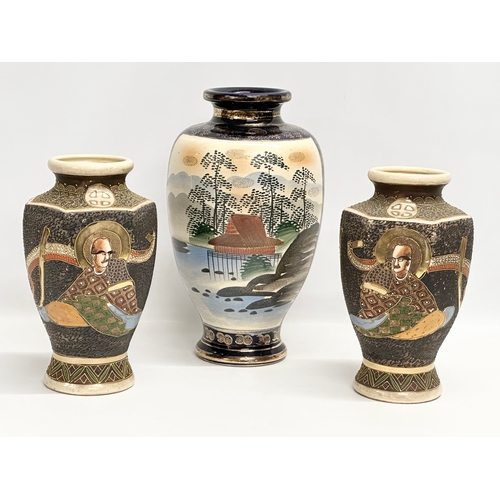 175C - 3 early 20th century Japanese Satsuma pottery vases. Pair measures 15x25cm. Largest 19x32.5cm