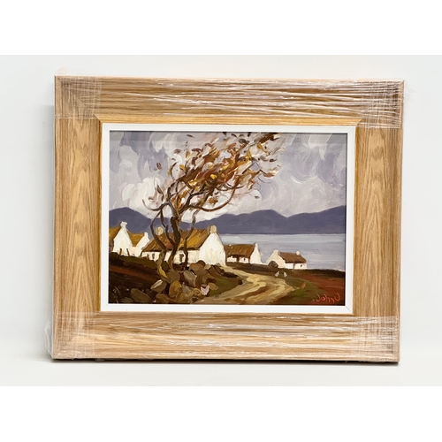 118 - An oil painting on board by John U. Cottage and Mountain scene. 39x29cm. Frame 56x46cm