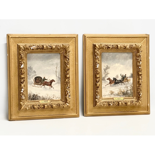 299 - 2 19th/early 20th century oil paintings on board by L. Obit. In origami gilt frames. 17x22cm. Frames... 