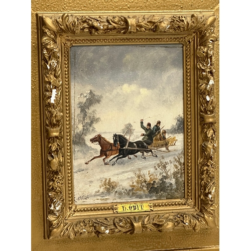 299 - 2 19th/early 20th century oil paintings on board by L. Obit. In origami gilt frames. 17x22cm. Frames... 