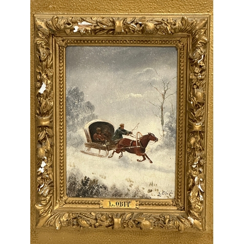 299 - 2 19th/early 20th century oil paintings on board by L. Obit. In origami gilt frames. 17x22cm. Frames... 