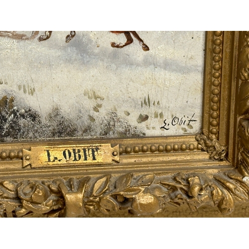 299 - 2 19th/early 20th century oil paintings on board by L. Obit. In origami gilt frames. 17x22cm. Frames... 