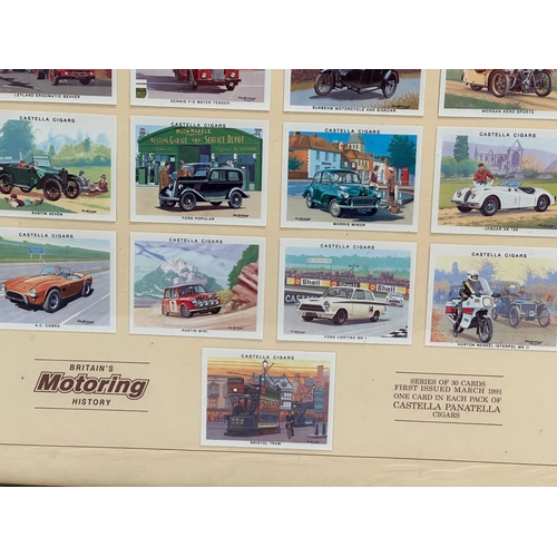 715 - A collection of 4 framed cigarette cards. Castella Britain’s Motoring History 45x65cm. 44x28cm.