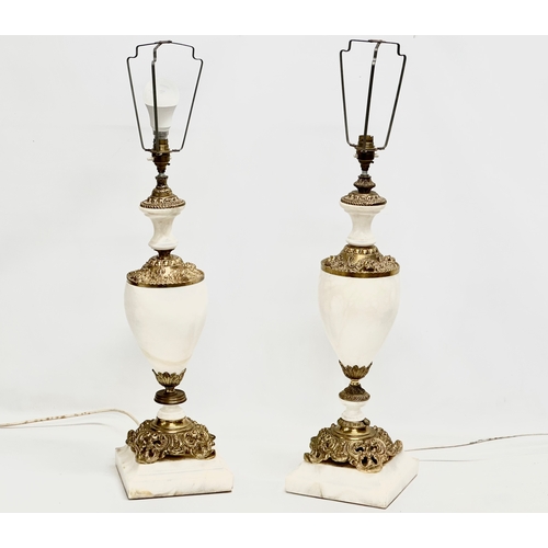 175I - A pair of large good quality impressive ornate brass and marble table lamps with shades. Base 18x18x... 