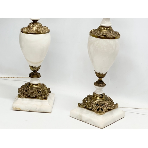 175I - A pair of large good quality impressive ornate brass and marble table lamps with shades. Base 18x18x... 