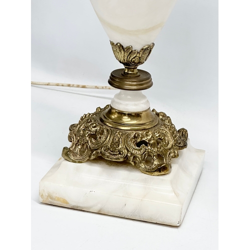 175I - A pair of large good quality impressive ornate brass and marble table lamps with shades. Base 18x18x... 