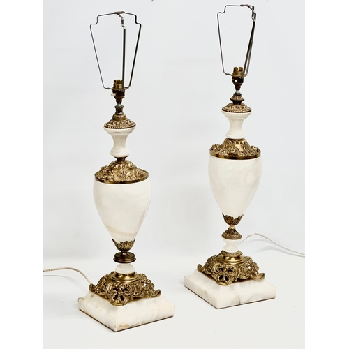 175I - A pair of large good quality impressive ornate brass and marble table lamps with shades. Base 18x18x... 