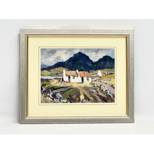 275I - An oil painting by John. T. Bannon. Cottage and Mountains scene. 28.5x21cm. Frame 43x35.5cm