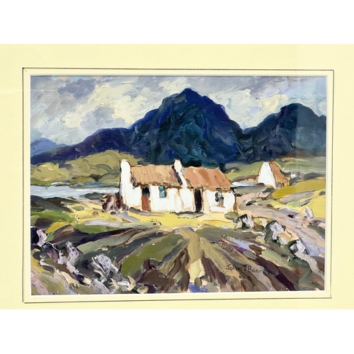 275I - An oil painting by John. T. Bannon. Cottage and Mountains scene. 28.5x21cm. Frame 43x35.5cm