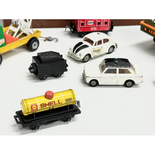 782 - A collection of toys cars etc. Tonka, Lone Star, Matchbox, Haji, Corgi and a scratch made train stat... 