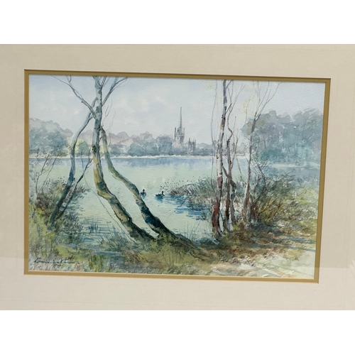 360A - A watercolour by W.M. Cunningham. Hillsborough Parish Church and lake scene. 36x25cm. Frame 57x47cm