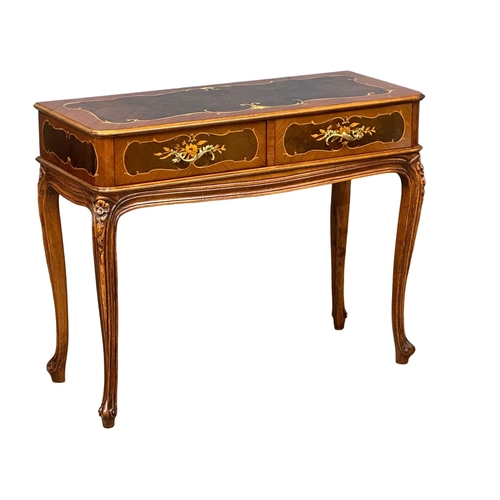 1134 - A French style inlaid king wood and burr walnut side table with 2 drawers on cabriole legs. 114x47x9... 